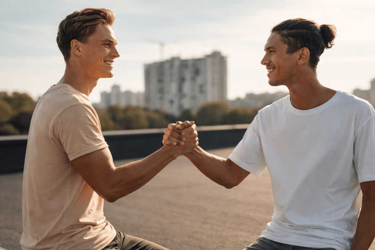 Due persone sorridenti che si stringono la mano all’aperto, simbolo di fiducia, rispetto e relazione autentica.